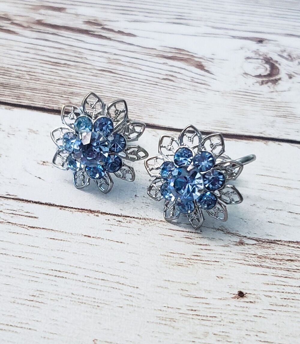 Vintage Screw On Earrings Light Blue Gem Flower with Ornate Leaf Halo 0.75"